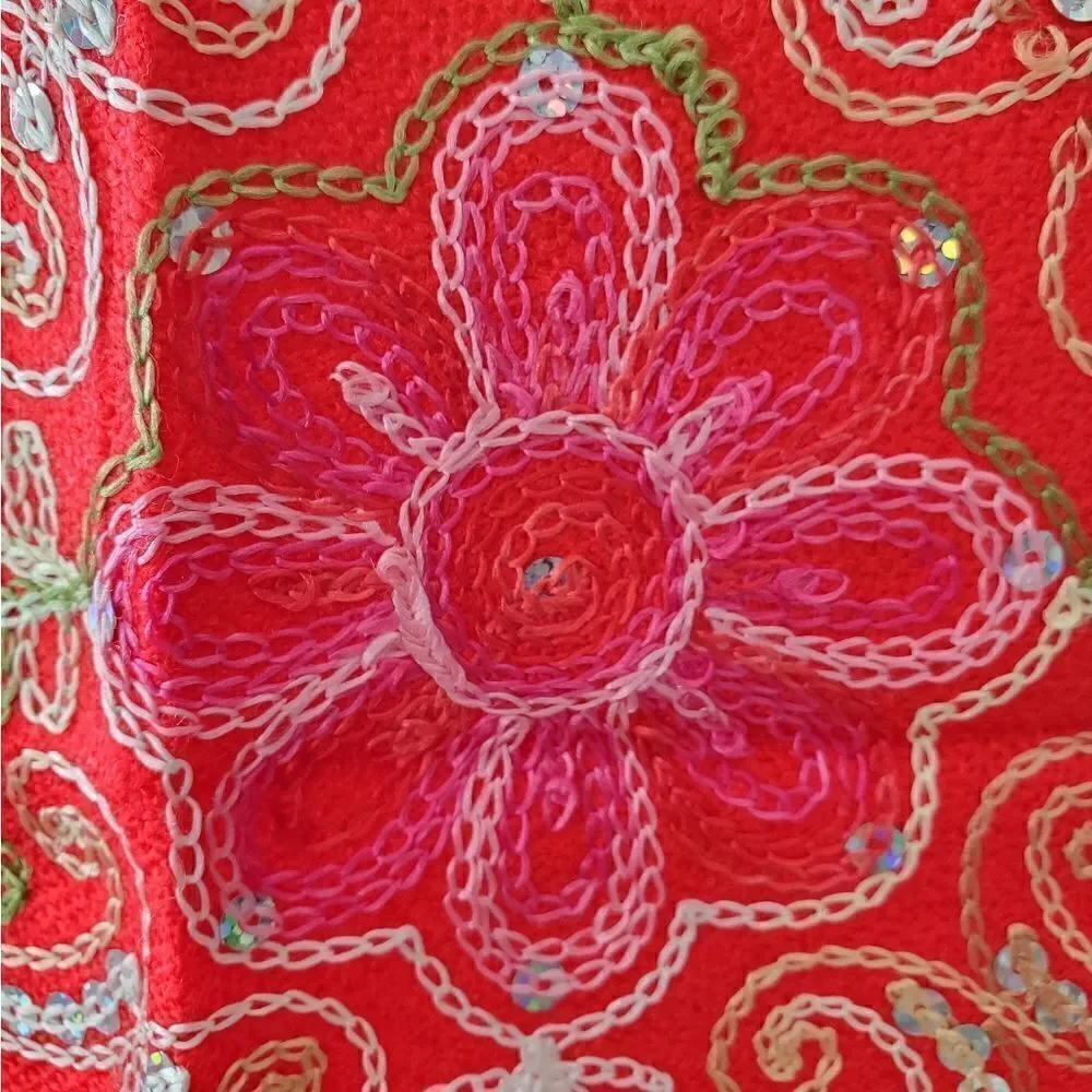 HANDMADE Embroidered Sequined Designed Red Shawl